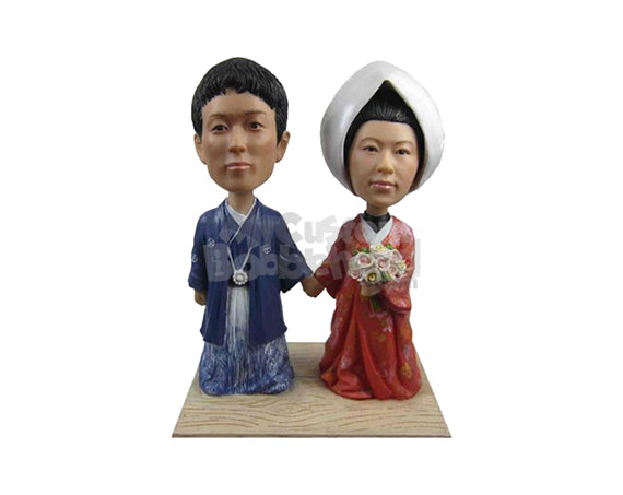 Custom Bobblehead Traditional Chinese Wedding Couple Wearing Classic Chinese Wedding Attair - Wedding & Couples Bride & Groom Personalized Bobblehead & Cake Topper