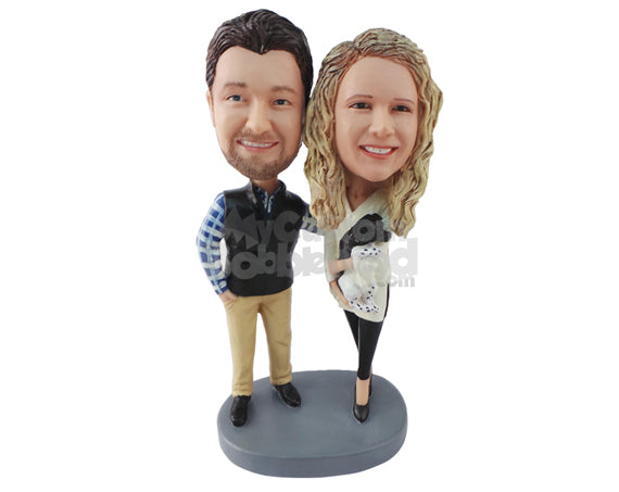 Custom Bobblehead Guy Putting His Hand On Her Shoulder As Both Walk Down In Formal Clothes - Wedding & Couples Couple Personalized Bobblehead & Cake Topper