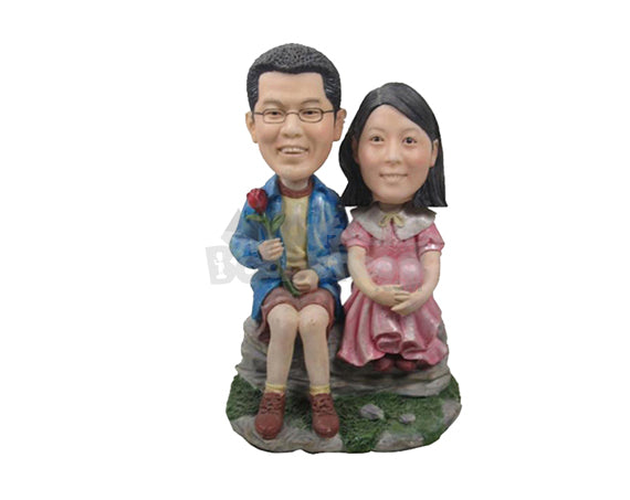 Custom Bobblehead Cute Couple In Casual Outfit Sitting On A Rock - Wedding & Couples Couple Personalized Bobblehead & Cake Topper