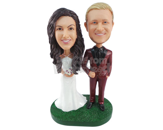 Custom Bobblehead Perfectly Dressed Couple With The Guy Wearing A Tacky Suit Ad Woman Wearing Beautiful Gown - Wedding & Couples Couple Personalized Bobblehead & Cake Topper