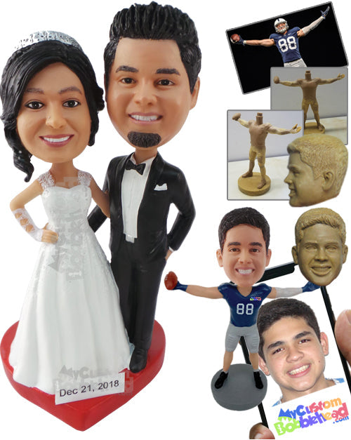 Just Married Couple Posing on a Beautiful Heart Shape Personalized Bobblehead