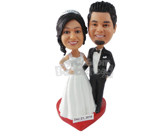 Custom Bobblehead Just Married Couple Posing On A Beautiful Heart Shape - Wedding & Couples Bride & Groom Personalized Bobblehead & Cake Topper