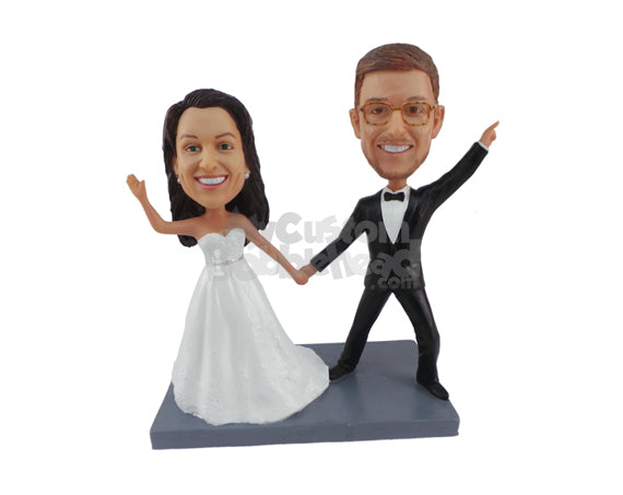 Custom Bobblehead Cool Couple Holding Hands And Posing In Their Wedding Outfits - Wedding & Couples Couple Personalized Bobblehead & Cake Topper