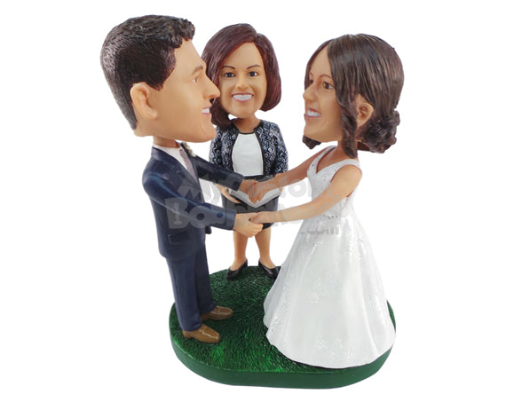 Custom Bobblehead Beautiful Couple At Each Other While Holding Hands And A Woman Standing In The Background - Wedding & Couples Couple Personalized Bobblehead & Cake Topper