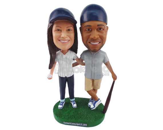 Custom Bobblehead Baseball Couple Ready To Blast Some Shots - Wedding & Couples Couple Personalized Bobblehead & Cake Topper