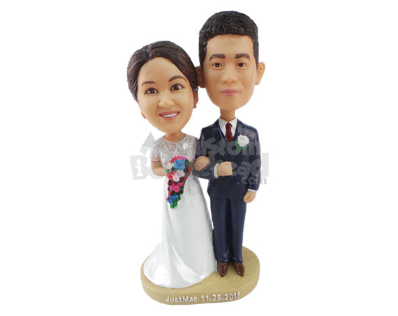 Custom Bobblehead Beautiful Couple With Beautiful Woman Wearing Gown And Man Wearing Suit - Wedding & Couples Couple Personalized Bobblehead & Cake Topper