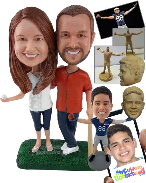 Baseball Fan Couple with Man Leaning on Bat and Woman Holding Ball Personalized Bobblehead