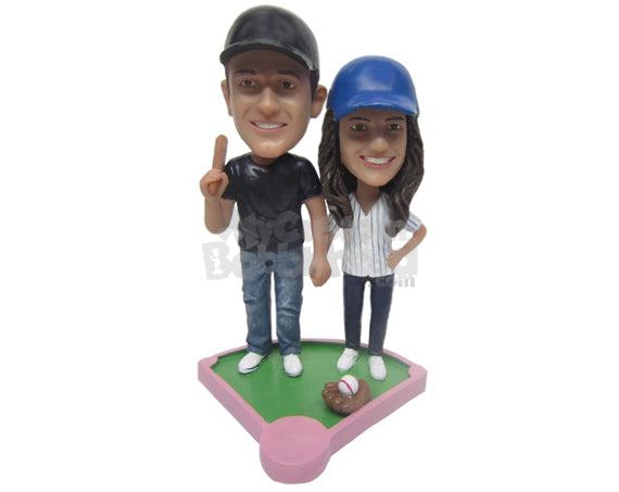 Custom Bobblehead Baseball Couple With The Guy Holding The Bat In One Hand And His Woman'S Hand In The Other - Wedding & Couples Couple Personalized Bobblehead & Cake Topper