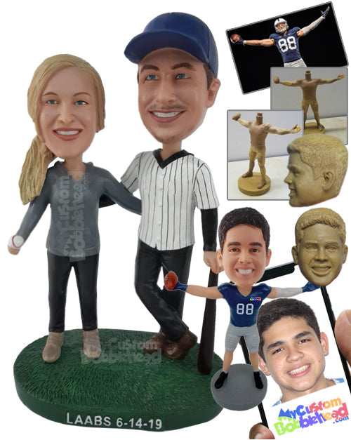 Baseball Player in Jersey Leaning on Bat Next to Wife Personalized Bobblehead