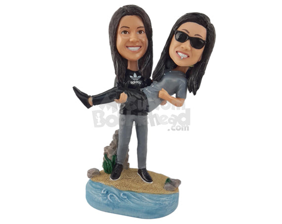 Custom Bobblehead Woman Picking up Her Wife Or Girlfriend On The Beach - Wedding & Couples Same Sex Personalized Bobblehead & Cake Topper