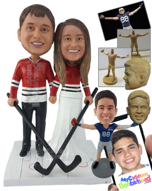 Ice Hockey Couple with Their Sticks and Jerseys Embedded to Their Fancy Gown and Suit Personalized Bobblehead