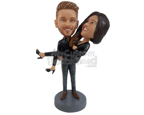 Custom Bobblehead Smart Man Holding Woman Onto His Hands - Wedding & Couples Couple Personalized Bobblehead & Cake Topper