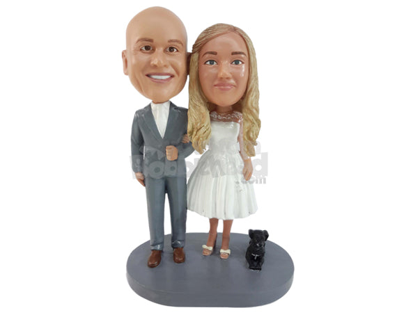 Custom Bobblehead Couple Dressed For Their Event With A Cat Nearby - Wedding & Couples Couple Personalized Bobblehead & Cake Topper