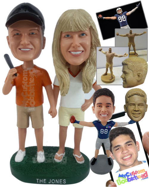 Baseball Fan Couple with Man Holding Bat and Woman's Hand Personalized Bobblehead