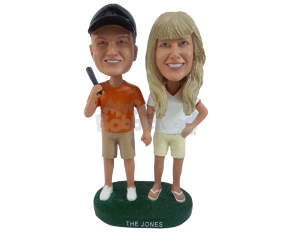 Baseball Fan Couple with Man Holding Bat and Woman's Hand Personalized Bobblehead