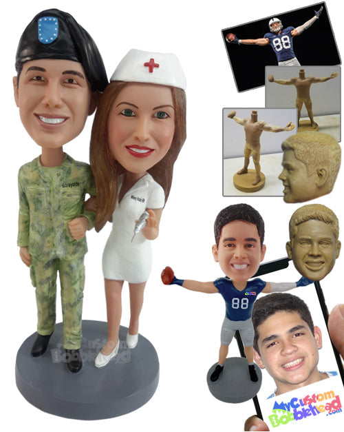 Couple Dressed in Their Professions, the Woman a Nurse and the Guy in the Military Personalized Bobblehead