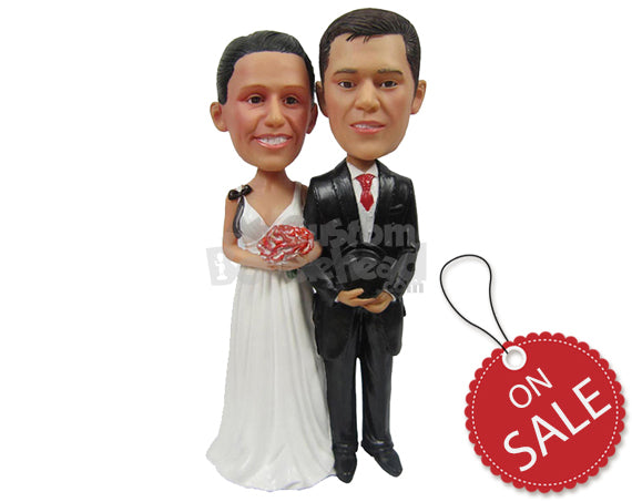 Custom Bobblehead Newly Married Wedding Couple With The Bride Holding A Bouquet - Wedding & Couples Bride & Groom Personalized Bobblehead & Cake Topper