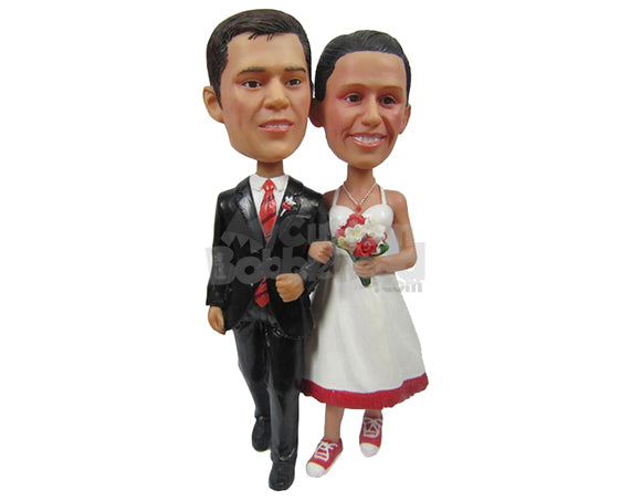 Custom Bobblehead Gorgeous Wedding Couple Walking In Their Classic Wedding Dress - Wedding & Couples Bride & Groom Personalized Bobblehead & Cake Topper