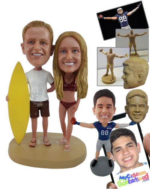 Surfing Couple, the Man Holding a Surfboard and the Woman Dressed Appropriately for the Beach Personalized Bobblehead