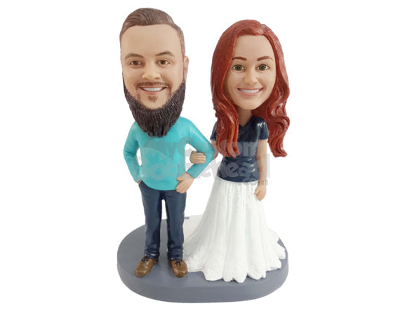 Couple Dressed Casually with the Woman Wearing a Gown Under Her Shirt Personalized Bobblehead