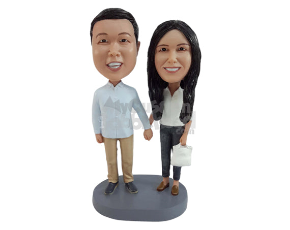 Custom Bobblehead Couple Holding Hands And Are Dressed Casually - Wedding & Couples Couple Personalized Bobblehead & Cake Topper