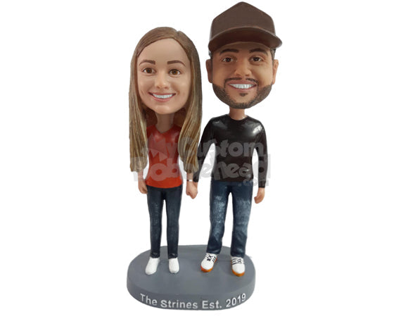 Couple Holding Hands and Dressed Casually and Comfortably Personalized Bobblehead