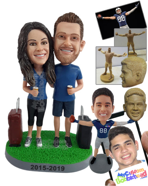 Sport Fan Couple Who Have Traveled with Their Trolley Bags Next to Them Personalized Bobblehead