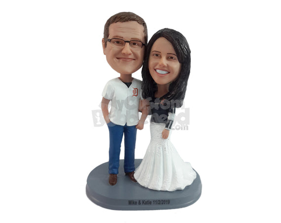 Custom Bobblehead Recently Married Couple With The Woman Wearing A Beautiful Gown Over A Jersey And The Man Dressed Formally - Wedding & Couples Bride & Groom Personalized Bobblehead & Cake Topper