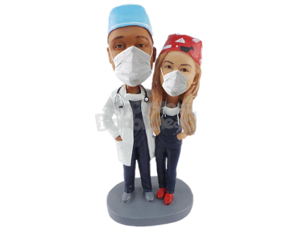 Doctor Couple in Surgery Attire Personalized Bobblehead