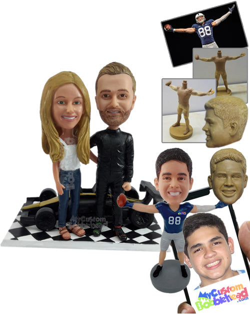 Happy Racer with His Wife Ready to Start the Big F1 Race Personalized Bobblehead