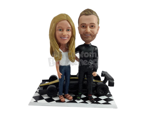 Happy Racer with His Wife Ready to Start the Big F1 Race Personalized Bobblehead