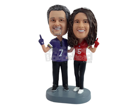 Custom Bobblehead High spirited couple showing a high number one finger cheerling for their teams - Wedding & Couples Couple Personalized Bobblehead & Action Figure