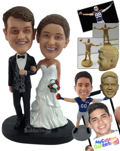 Joyous couple ready to throw the bouquet, wearing nice dresses and a nice suit Personalized Bobblehead