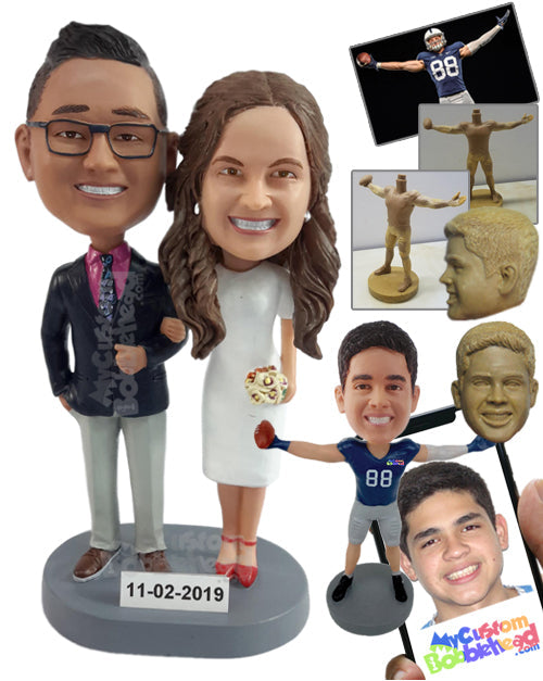 Refined young couple wearing nice suits and dresses, bouquet in hand Personalized Bobblehead