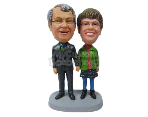 Custom Bobblehead Elder Couple Walking Hand With Male Wearing Formal And Female Wearing Casul Outfit - Wedding & Couples Couple Personalized Bobblehead & Cake Topper