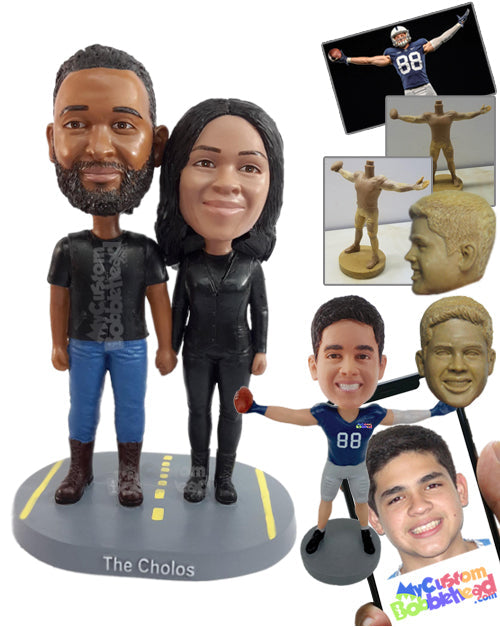 Road couple wearing biker clothes with vests and boots Personalized Bobblehead