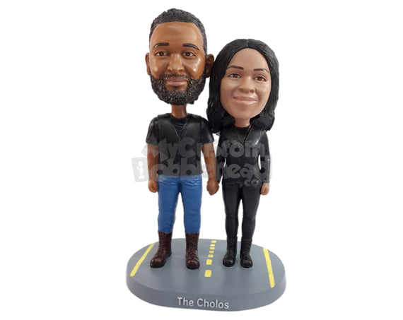 Road couple wearing biker clothes with vests and boots Personalized Bobblehead