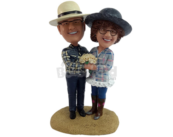 Custom Bobblehead Old farmer couple wearing nice country outfit with boots - Wedding & Couples Couple Personalized Bobblehead & Action Figure