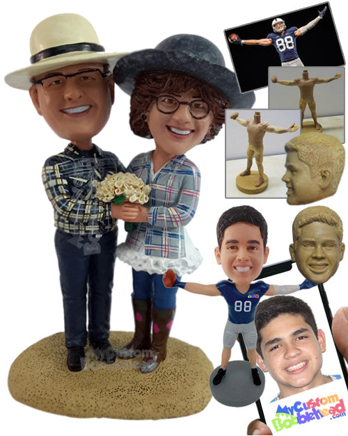 Old farmer couple wearing nice country outfits with boots Personalized Bobblehead