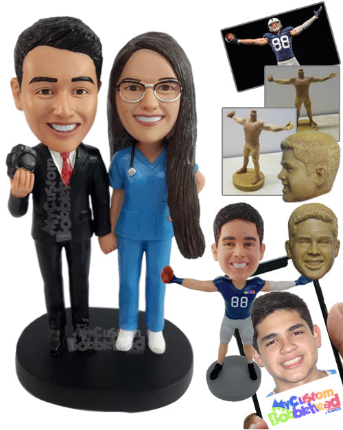 Professional photographer wearing a suit and doctor in scrubs, spending time together Personalized Bobblehead