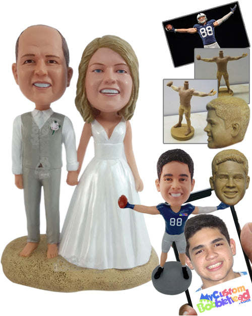 Relaxed couple spending time on the beach sand, wearing a nice dress and suit with bare feet Personalized Bobblehead