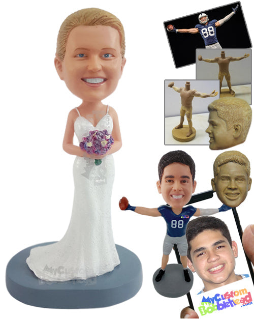 Beautiful Bride Posing with Her Bouquet in Hand Wearing a Nice Strap Dress Personalized Bobblehead