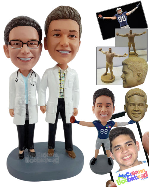 Medical doctor couple holding hands, wearing lab coats Personalized Bobblehead