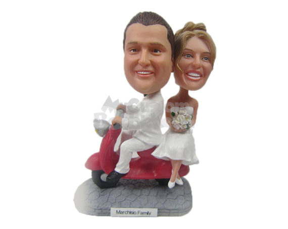 Custom Bobblehead Wedding Couple Wearing Bridal Attire Sitting On A Scooter - Wedding & Couples Bride & Groom Personalized Bobblehead & Cake Topper