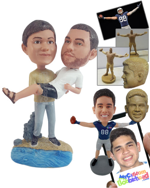 Happy Male Couple Having a Fun Time at the Beach, One Carrying the Other Personalized Bobblehead