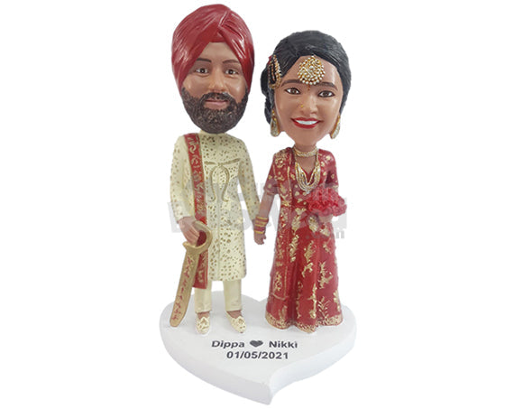 Custom Bobblehead Traditional loving couple wearing gorgeous outfit holding a sword and a bouquett - Wedding & Couples Bride & Groom Personalized Bobblehead & Action Figure