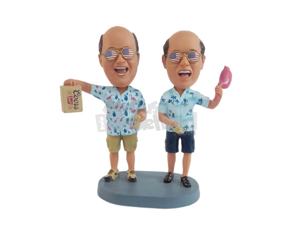 Custom Bobblehead Married male couple on vacations wearing Hawaiian shirts ready to have some beers - Wedding & Couples Bride & Groom Personalized Bobblehead & Action Figure