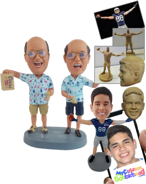 Married male couple on vacations wearing Hawaiian shirts, ready to have some beers Personalized Bobblehead