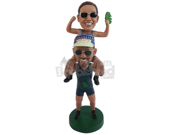 Custom Bobblehead Sporty Male friends carrying one another on the shoulders having a great time at workout - Wedding & Couples Couple Personalized Bobblehead & Action Figure