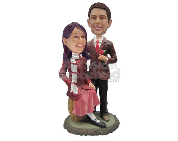 Couple in Classy Formal Attire with the Groom Holding a Rose in Hand Personalized Bobblehead